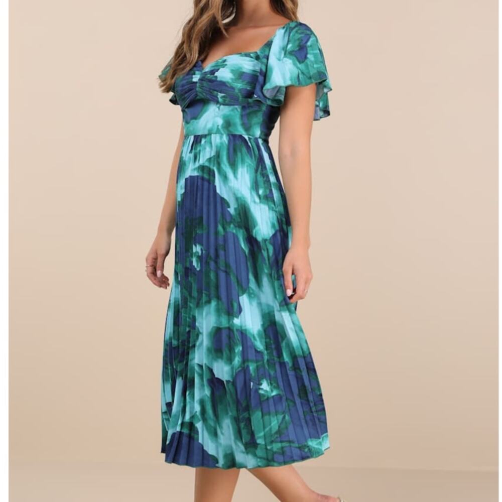 NEW Lulus Authentically Yours Teal Abstract Print Satin Pleated Midi Dress XL